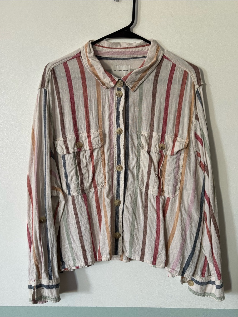 American Eagle Cropped Long Sleeve Button-Down in Rainbow Stripe XXL